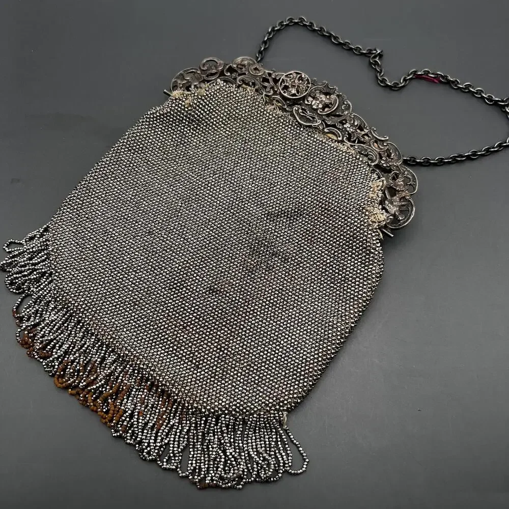 Antique Victorian Cut Steel Beaded sterling Silver Chatelaine Leather Clutch Pu